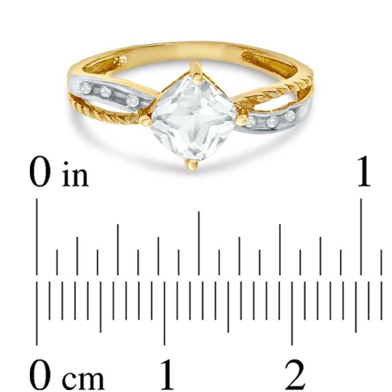 Main Image 3 of Previously Owned - 6.0mm Cushion-Cut White Topaz and Diamond Accent Ring in 10K Gold