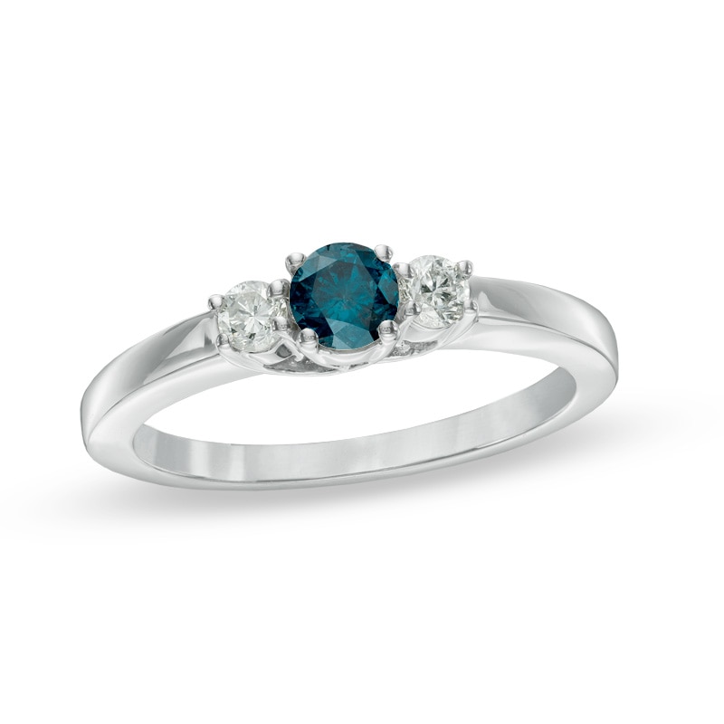 Main Image 1 of Previously Owned - 1-1/2 CT. T.W. Enhanced Blue and White Diamond Three Stone Ring in 14K White Gold