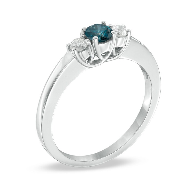 Main Image 2 of Previously Owned - 1-1/2 CT. T.W. Enhanced Blue and White Diamond Three Stone Ring in 14K White Gold