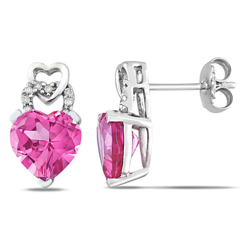 Previously Owned - 8.0mm Heart-Shaped Lab-Created Pink Sapphire and Diamond Accent Earrings in Sterling Silver