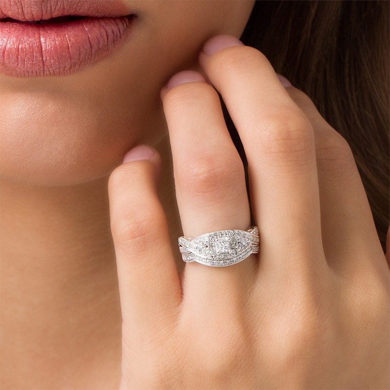 Main Image 3 of Previously Owned - 1/2 CT. T.W. Princess-Cut Diamond Twist Bridal Set in 14K White Gold