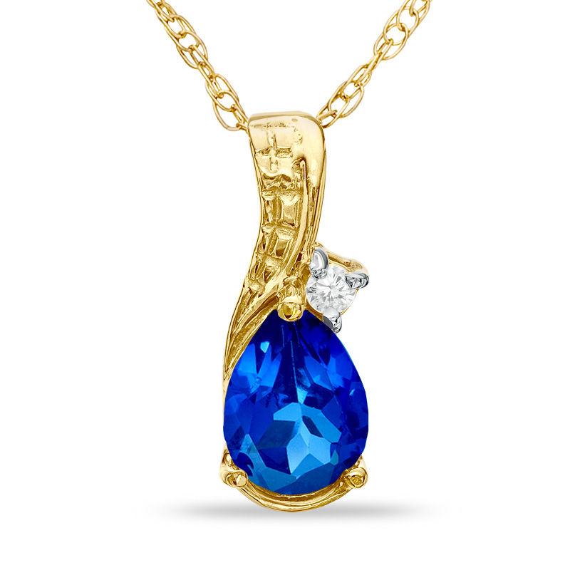 Main Image 1 of Previously Owned - Pear-Shaped Lab-Created Blue Sapphire and Diamond Accent Teardrop Pendant in 10K Gold