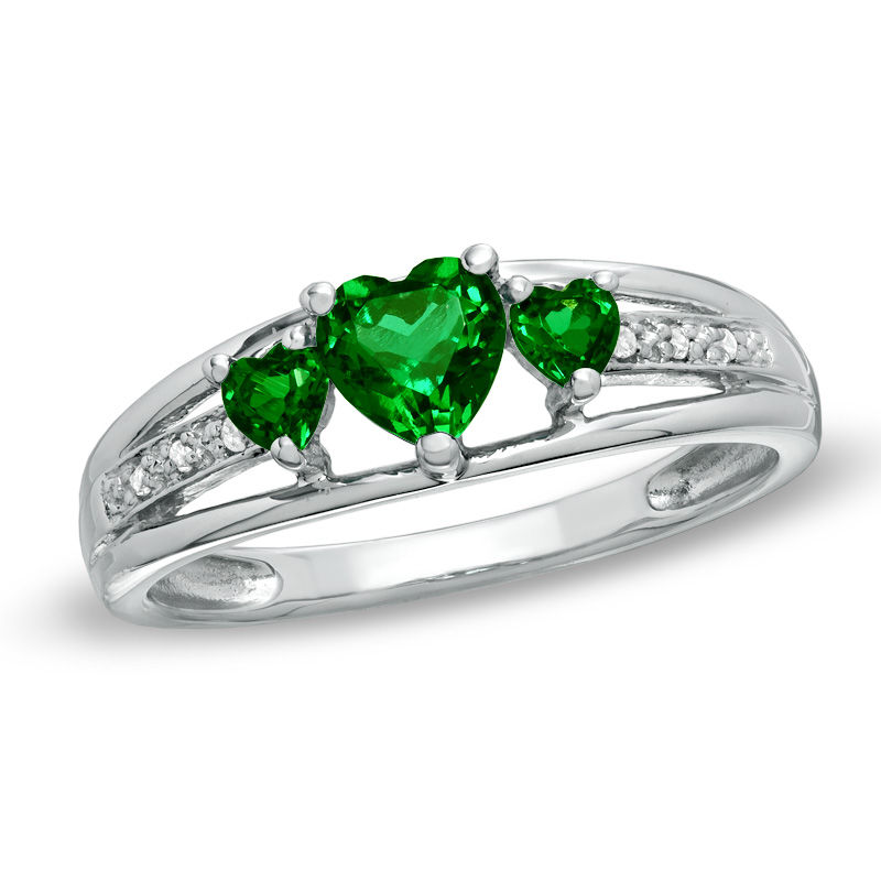 Main Image 1 of Previously Owned - Heart-Shaped Lab-Created Emerald Three Stone and Diamond Accent Ring in Sterling Silver