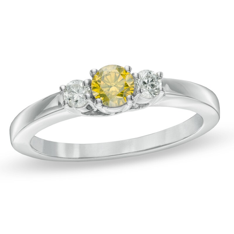 Previously Owned - 1/2 CT. T.W. Enhanced Yellow and White Diamond Three Stone Ring in 14K White Gold