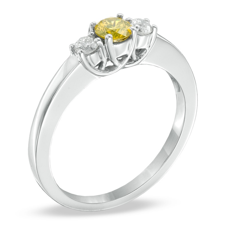 Previously Owned - 1/2 CT. T.W. Enhanced Yellow and White Diamond Three Stone Ring in 14K White Gold