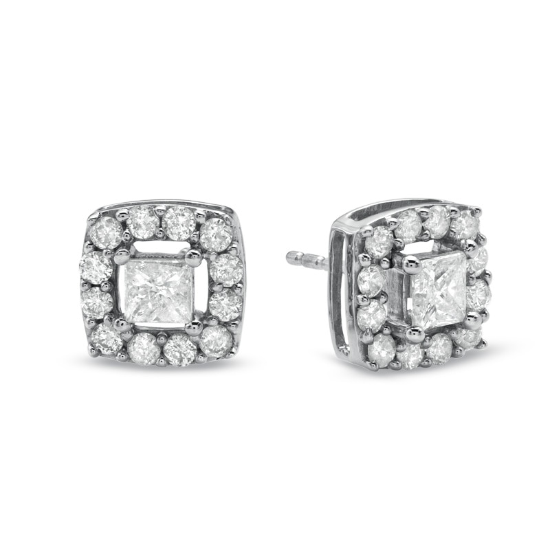 Main Image 1 of Previously Owned - 1 CT. T.W. Princess-Cut Diamond Frame Stud Earrings in 10K White Gold