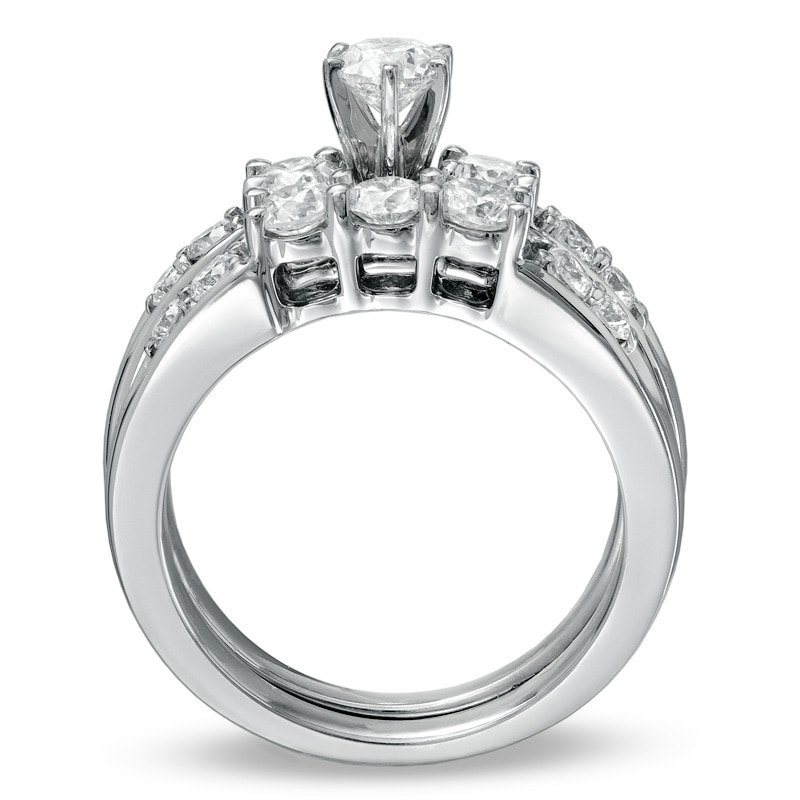 Main Image 2 of Previously Owned 1-1/2 CT. T.W. Diamond Three Stone Soldered Bridal Set in 14K White Gold