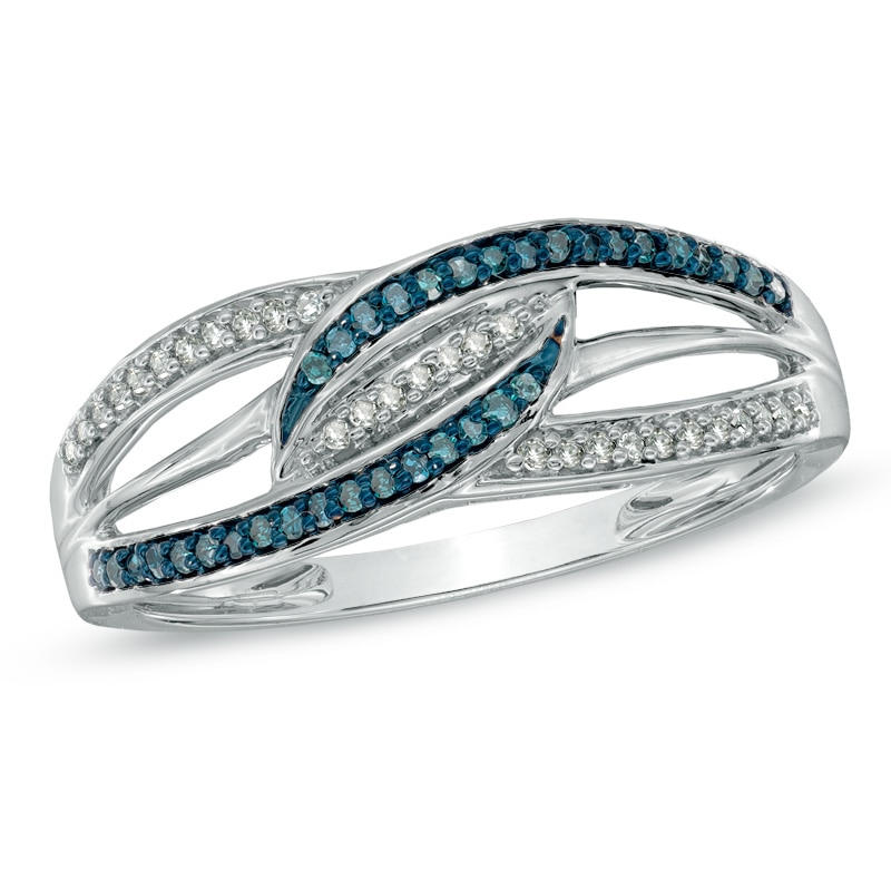 Main Image 1 of Previously Owned - 1/8 CT. T.W. Enhanced Blue and White Diamond Waves Ring in Sterling Silver
