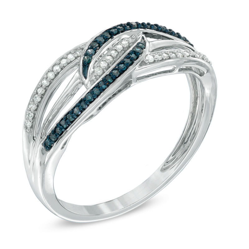 Main Image 2 of Previously Owned - 1/8 CT. T.W. Enhanced Blue and White Diamond Waves Ring in Sterling Silver