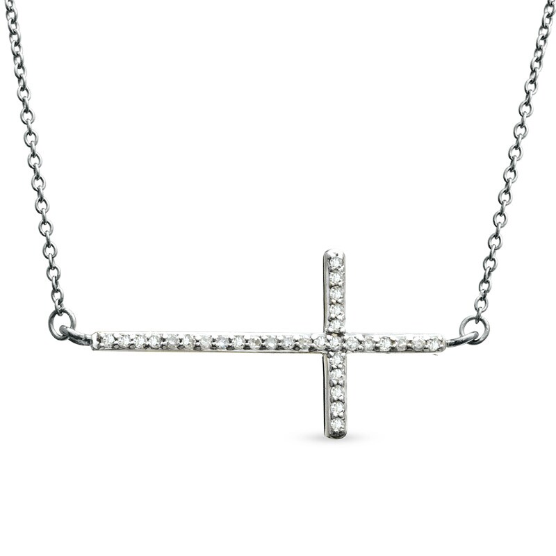 Main Image 1 of Previously Owned - 1/6 CT. T.W. Diamond Sideways Cross Necklace in 10K White Gold - 17"