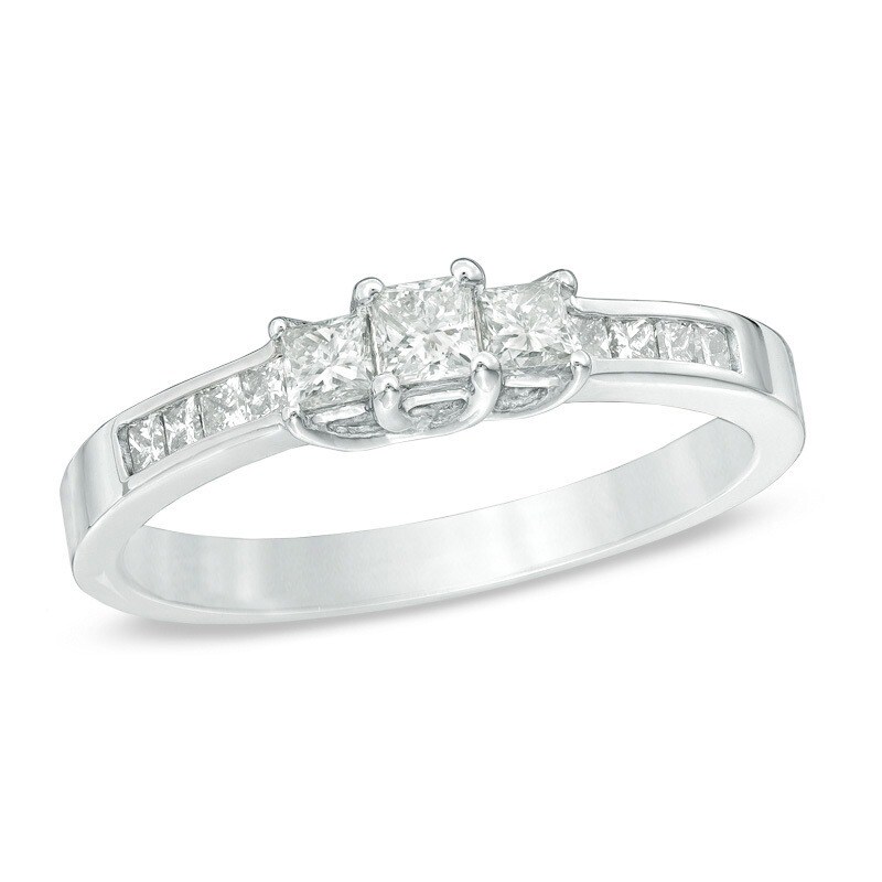 Previously Owned - 1/2 CT. T.W. Princess-Cut Diamond Three Stone Engagement Ring in 10K White Gold
