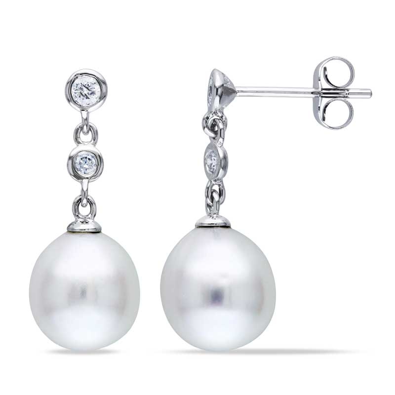 Main Image 1 of Previously Owned-9.0-9.5mm South Sea Cultured Pearl and 1/5 CT. T.W. Diamond Earrings in 14K White Gold