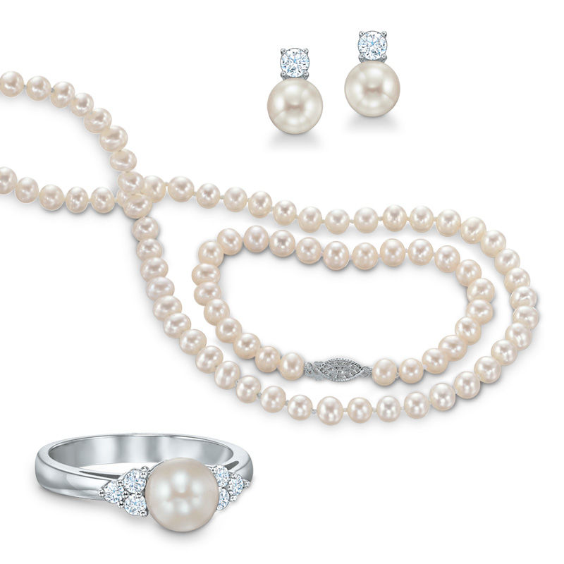 Main Image 1 of Previously Owned-6.5-7.0mm Freshwater Cultured Pearl and Lab-Created White Sapphire Jewelry Set