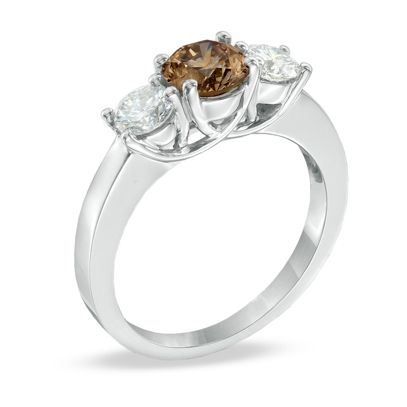 Previously Owned - 1-1/2 CT. T.W. Enhanced Champagne and White Diamond Three Stone Ring in 14K White Gold