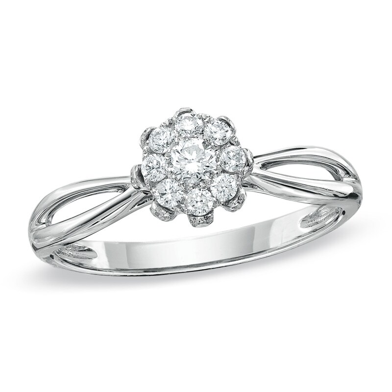Main Image 1 of Previously Owned - 1/3 CT. T.W. Diamond Split Shank Flower Ring in 10K White Gold