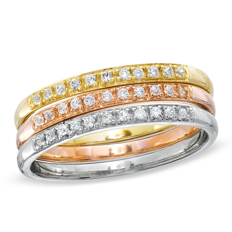 Main Image 1 of Previously Owned - 1/4 CT. T.W. Diamond Stacked Three Ring Set in 10K Tri-Tone Gold