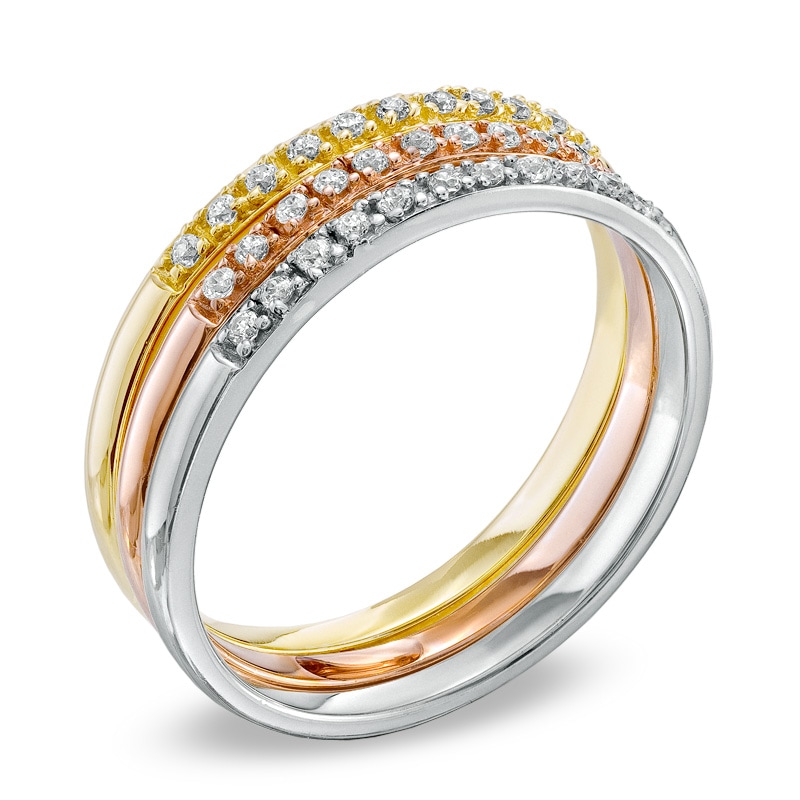 Main Image 2 of Previously Owned - 1/4 CT. T.W. Diamond Stacked Three Ring Set in 10K Tri-Tone Gold