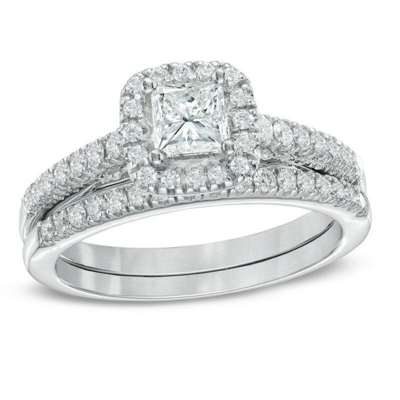Main Image 1 of Previously Owned - 1 CT. T.W. Princess-Cut Diamond Frame Bridal Set in 14K White Gold