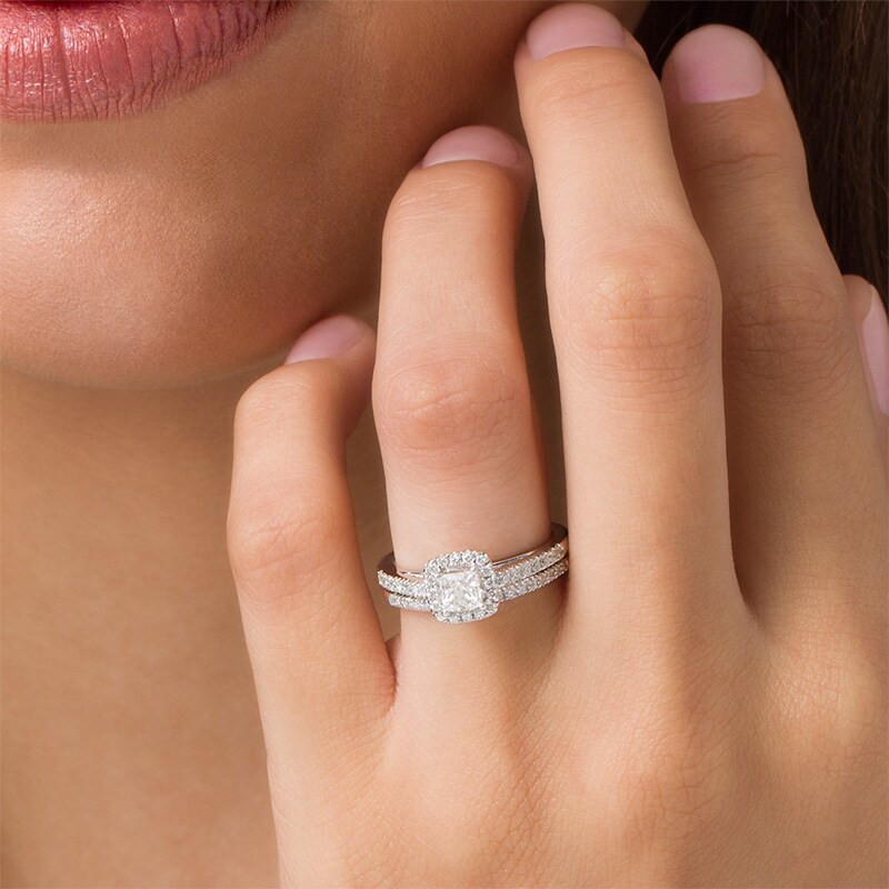 Main Image 3 of Previously Owned - 1 CT. T.W. Princess-Cut Diamond Frame Bridal Set in 14K White Gold