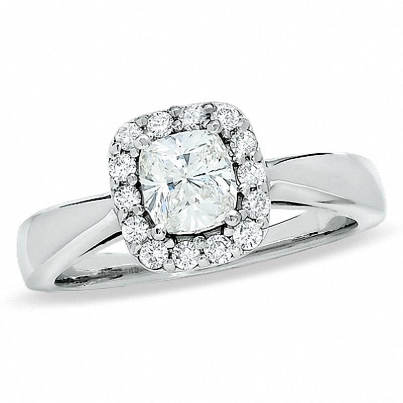 Main Image 1 of Previously Owned - Celebration Lux® 1 CT. T.W. Cushion-Cut Diamond Framed Engagement Ring in 18K White Gold (H/SI2)