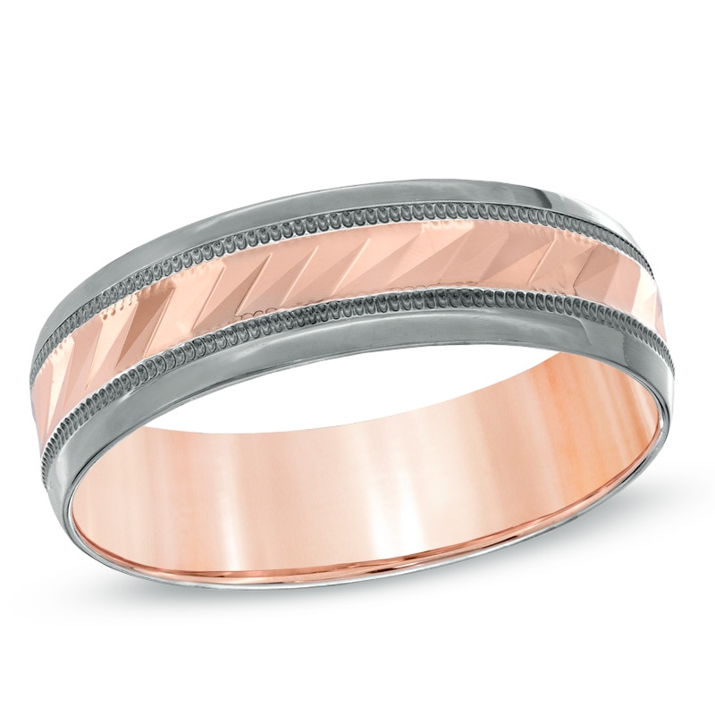 Main Image 1 of Previously Owned - 6.0mm Comfort Wedding Band in 10K Rose Gold with Charcoal Rhodium