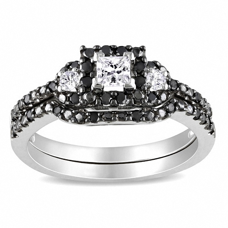 Main Image 1 of Previously Owned - 1/2 CT. T.W. Enhanced Black and White Princess-Cut Diamond Frame Bridal Set in 10K White Gold