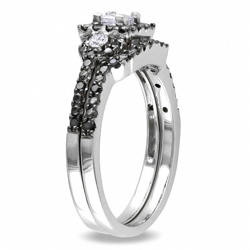 Main Image 2 of Previously Owned - 1/2 CT. T.W. Enhanced Black and White Princess-Cut Diamond Frame Bridal Set in 10K White Gold