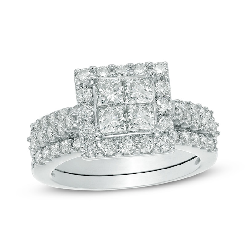 Previously Owned - 2 CT. T.W. Quad Princess-Cut Diamond Framed Three Piece Bridal Set in 14K White Gold