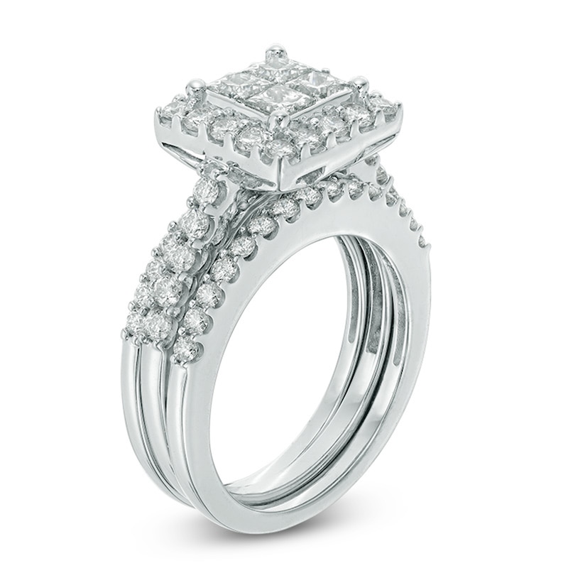 Main Image 2 of Previously Owned - 2 CT. T.W. Quad Princess-Cut Diamond Framed Three Piece Bridal Set in 14K White Gold