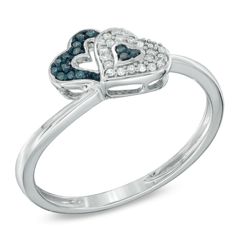 Main Image 2 of Previously Owned - Enhanced Blue and White Diamond Accent Double Heart Ring in Sterling Silver
