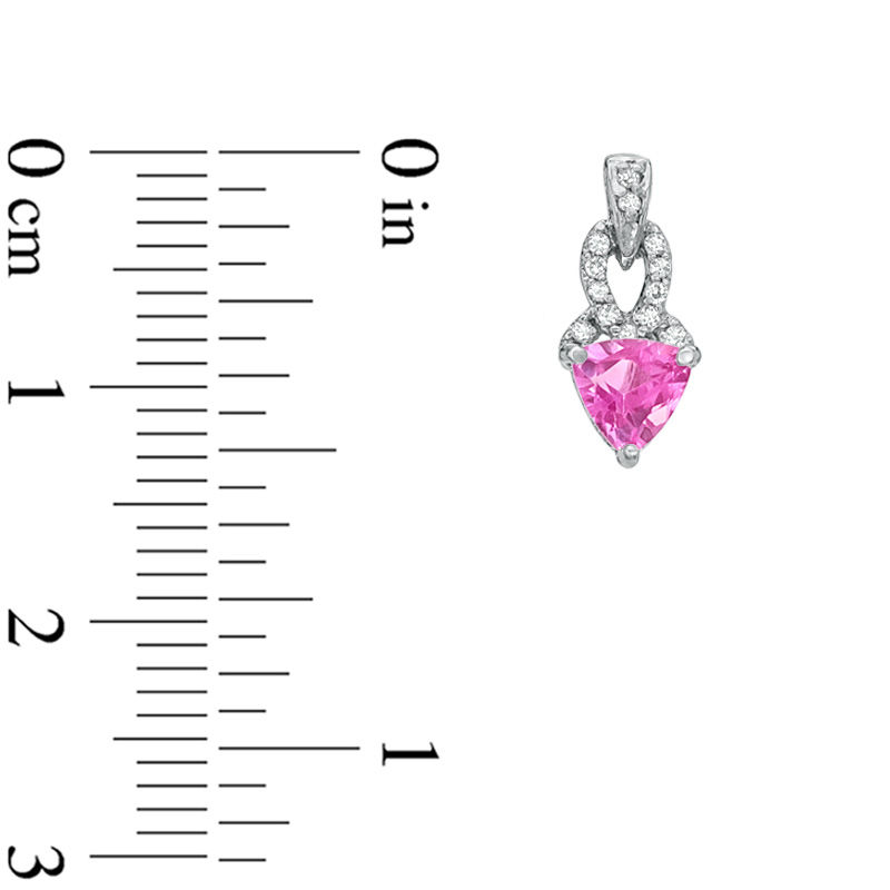 Main Image 2 of Previously Owned - 5.0mm Trillion-Cut Lab-Created Pink Sapphire and Diamond Accent Earrings in Sterling Silver