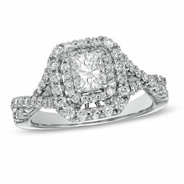 Previously Owned - 1-1/4 CT. T.W. Certified Radiant-Cut Diamond Frame Engagement Ring in 14K White Gold (I/I1)