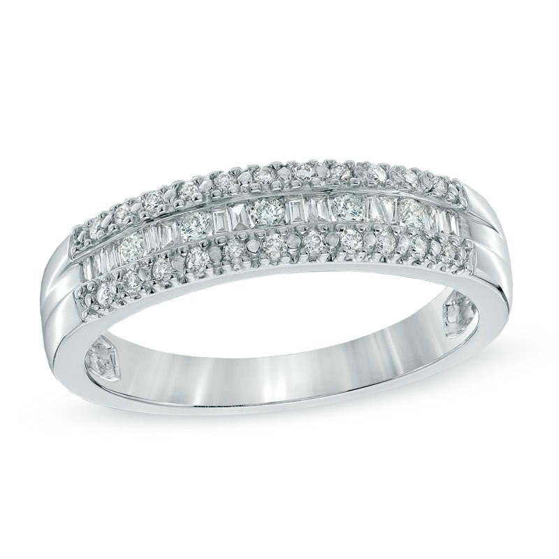 Previously Owned - 1/4 CT. T.W. Baguette and Round Diamond Anniversary Band in 10K White Gold