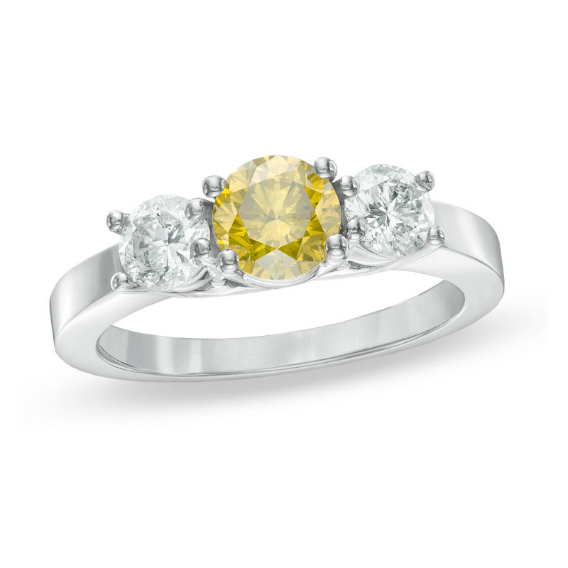 Main Image 1 of Previously Owned - 1-1/2 CT. T.W. Enhanced Yellow and White Diamond Three Stone Ring in 14K White Gold
