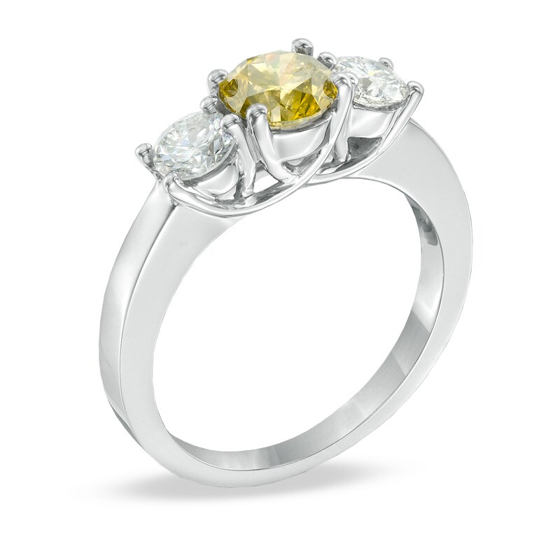 Main Image 2 of Previously Owned - 1-1/2 CT. T.W. Enhanced Yellow and White Diamond Three Stone Ring in 14K White Gold