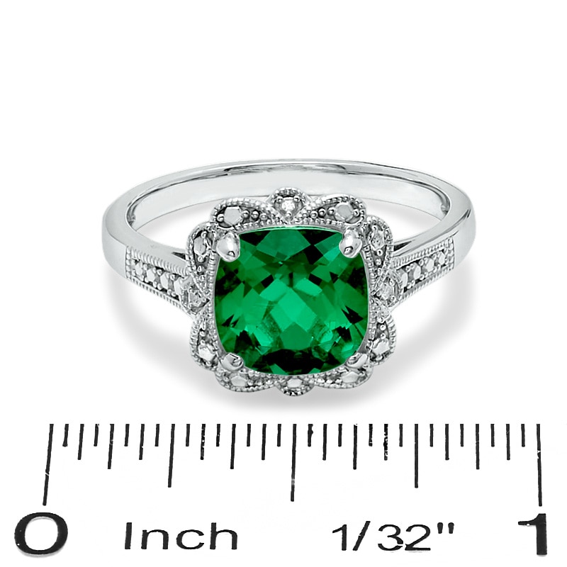 Main Image 3 of Previously Owned - 8.0mm Cushion-Cut Lab-Created Emerald Vintage-Style Ring in Sterling Silver