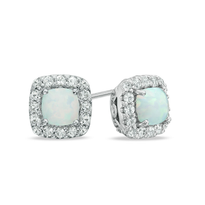 Main Image 1 of Previously Owned - 5.0mm Cushion-Cut Lab-Created Opal and White Sapphire Frame Stud Earrings in Sterling Silver