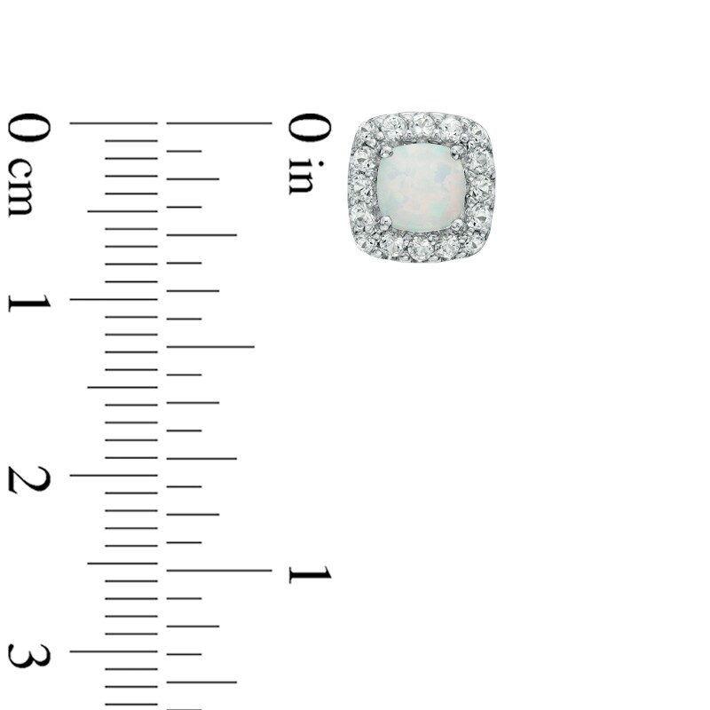 Main Image 2 of Previously Owned - 5.0mm Cushion-Cut Lab-Created Opal and White Sapphire Frame Stud Earrings in Sterling Silver