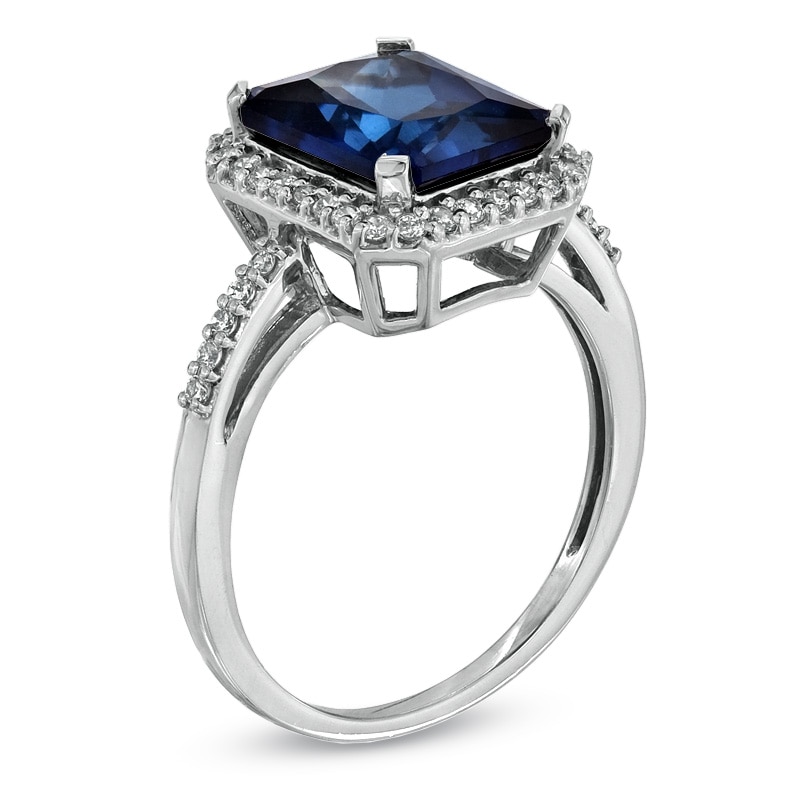 Previously Owned - Emerald-Cut Lab-Created Blue and White Sapphire Ring in Sterling Silver