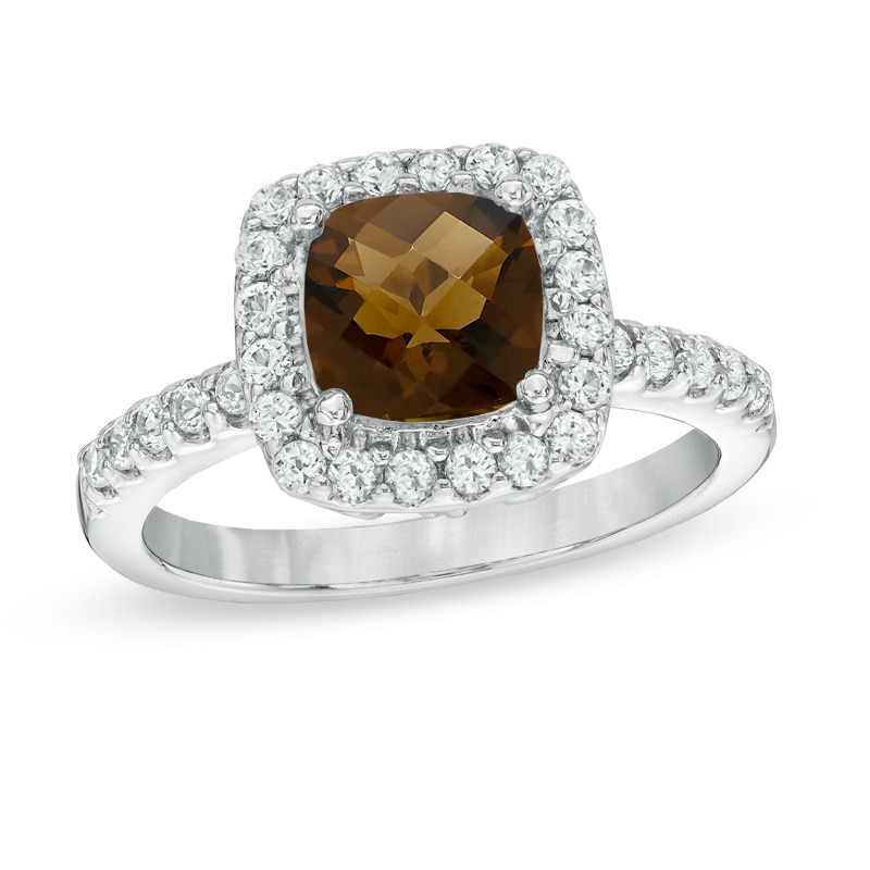Main Image 1 of Previously Owned - 7.0mm Cushion-Cut Smoky Quartz and Lab-Created White Sapphire Frame Ring in Sterling Silver