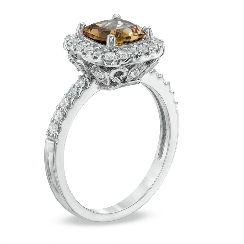 Main Image 2 of Previously Owned - 7.0mm Cushion-Cut Smoky Quartz and Lab-Created White Sapphire Frame Ring in Sterling Silver