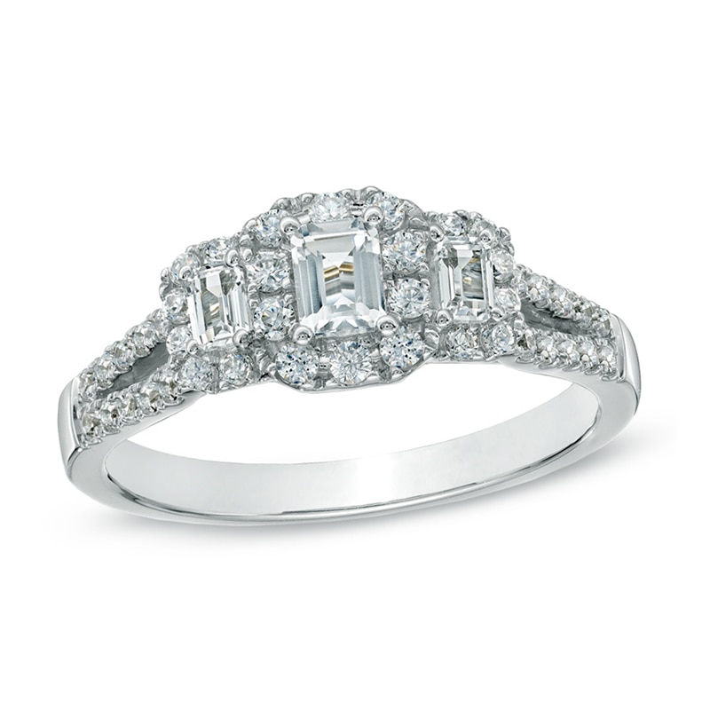 Main Image 1 of Previously Owned - 1 CT. T.W. Emerald-Cut Diamond Three Stone Frame Ring in 14K White Gold (I/I1)