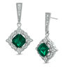 Thumbnail Image 0 of Previously Owned - 7.0mm Cushion-Cut Lab-Created Emerald and White Sapphire Drop Earrings in Sterling Silver