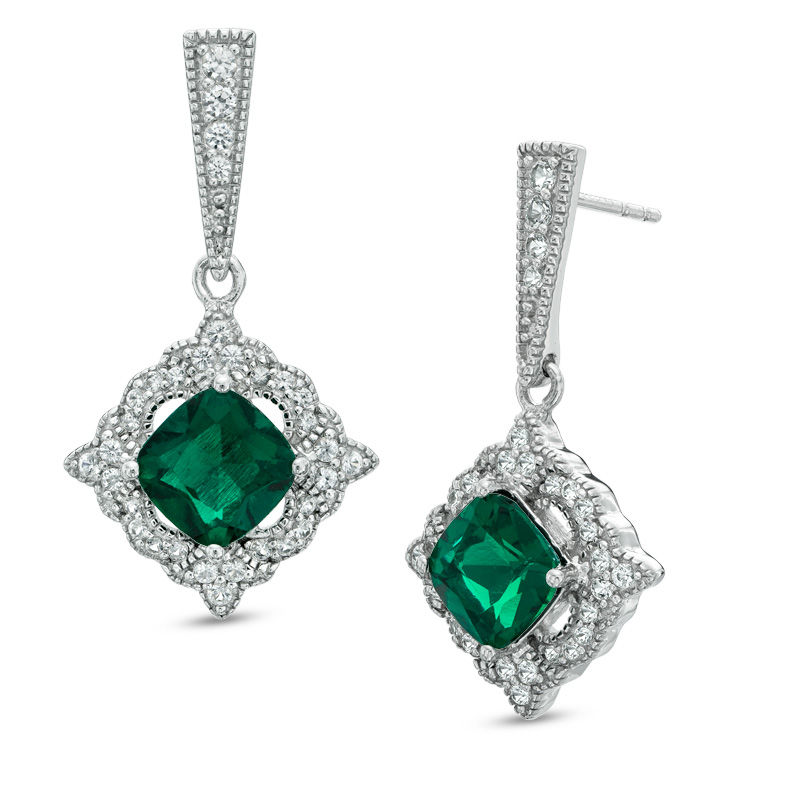 Previously Owned - 7.0mm Cushion-Cut Lab-Created Emerald and White Sapphire Drop Earrings in Sterling Silver