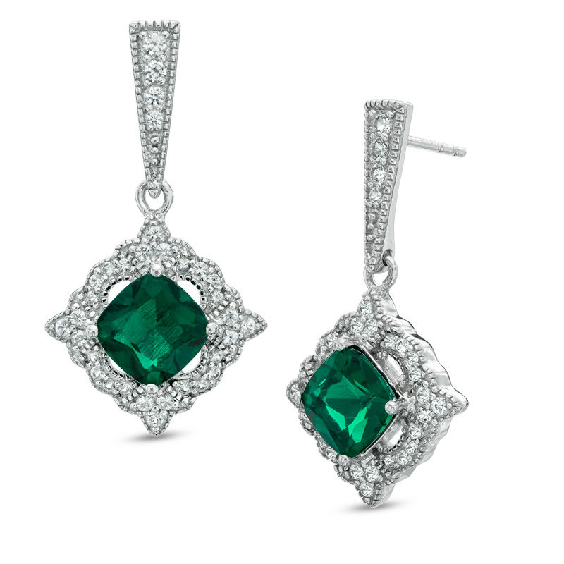 Previously Owned 7.0mm Cushion Cut Lab Created Emerald and White Sapphire Drop Earrings in Sterling Silver Zales Outlet