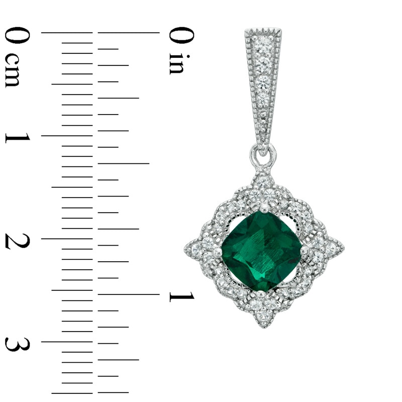 Previously Owned - 7.0mm Cushion-Cut Lab-Created Emerald and White Sapphire Drop Earrings in Sterling Silver