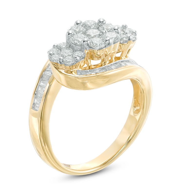 Main Image 2 of Previously Owned - 1-1/2 CT. T.W. Diamond Three Flower Bypass Ring in 14K Gold