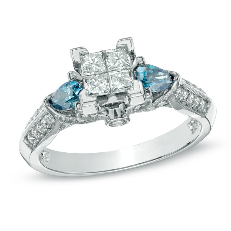 Main Image 1 of Previously Owned - 1 CT. T.W. Princess-Cut Quad and Enhanced Blue Diamond Engagement Ring in 14K White Gold