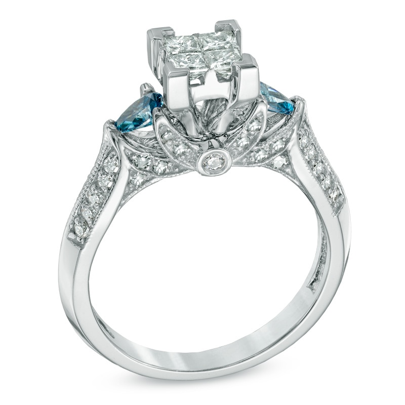 Main Image 2 of Previously Owned - 1 CT. T.W. Princess-Cut Quad and Enhanced Blue Diamond Engagement Ring in 14K White Gold