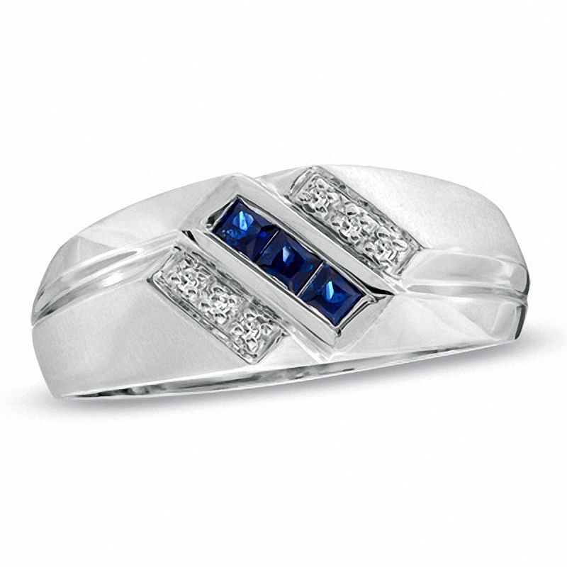 Previously Owned - Men's Square-Cut Lab-Created Blue Sapphire and Diamond Accent Ring in 10K White Gold